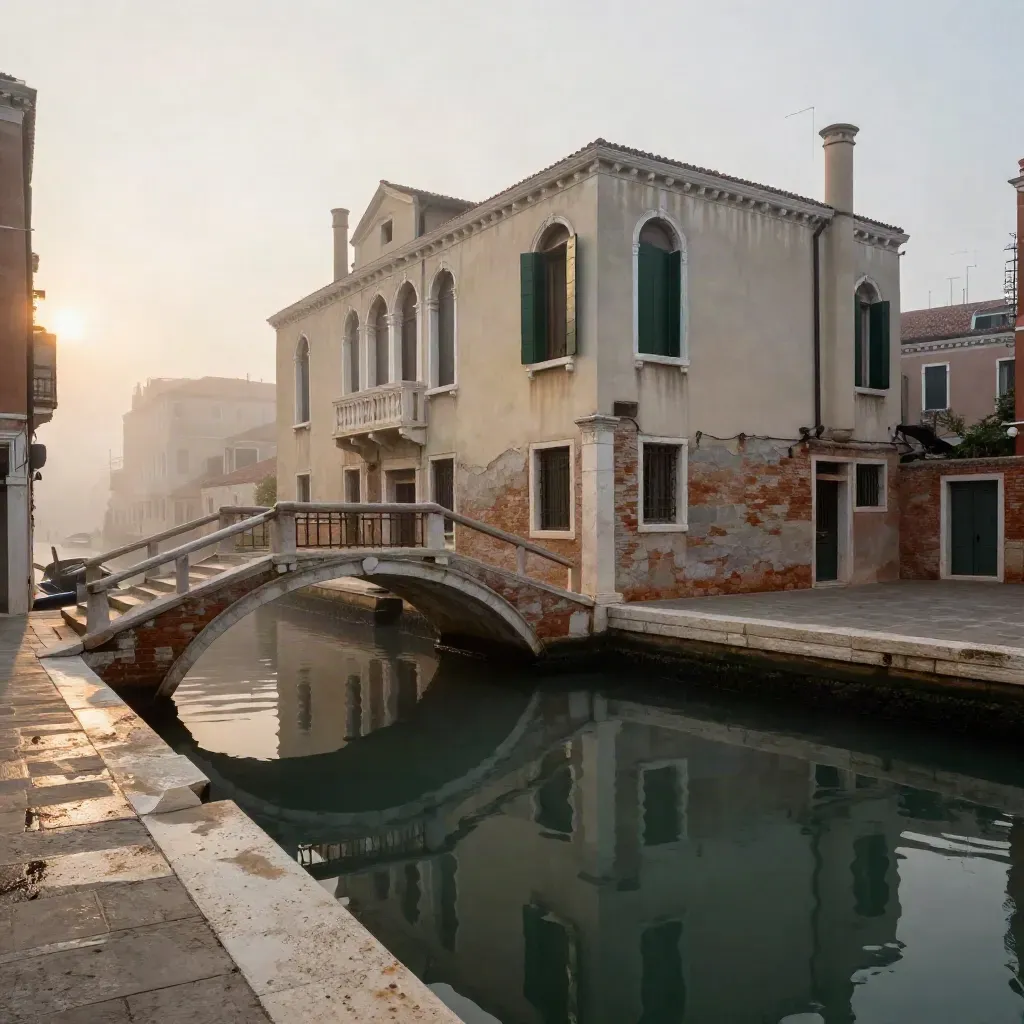 Hotel veneziano all’alba con canale stretto, ponte in pietra e finestra verde riflessa nell’acqua