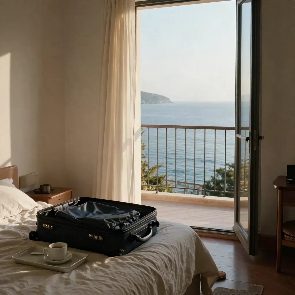 Suite sul golfo con valigia pronta, letto sfatto, caffè e balcone aperto all’alba.