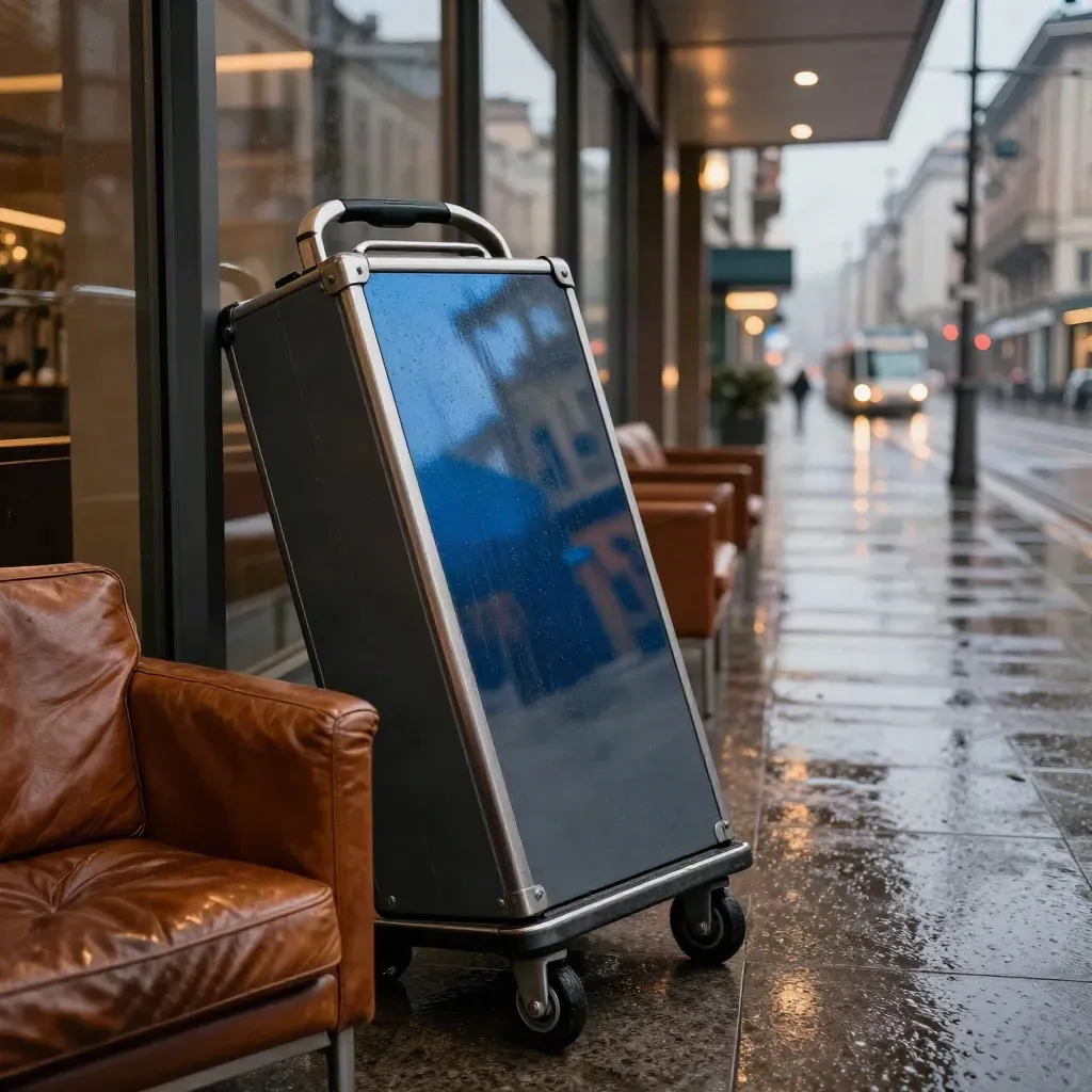 Lobby business di Milano con trolley chiuso, poltrona in pelle e vetro bagnato dalla pioggia al crepuscolo