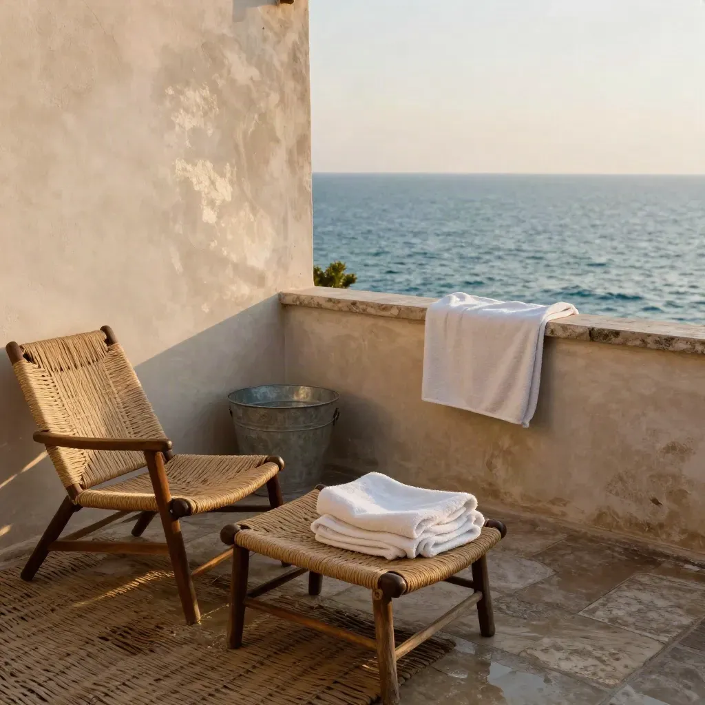 Terrazza siciliana sul mare con sdraio intrecciate, teli e vento d’estate.