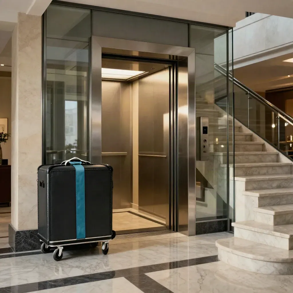 Scala in marmo di hotel business con ascensore aperto e trolley compatto nell’atrio lucido.