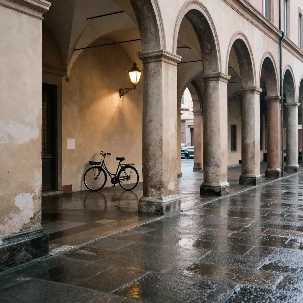 Cortile sotto i portici a Bologna dopo la pioggia, bici appoggiata e lanterna spenta.