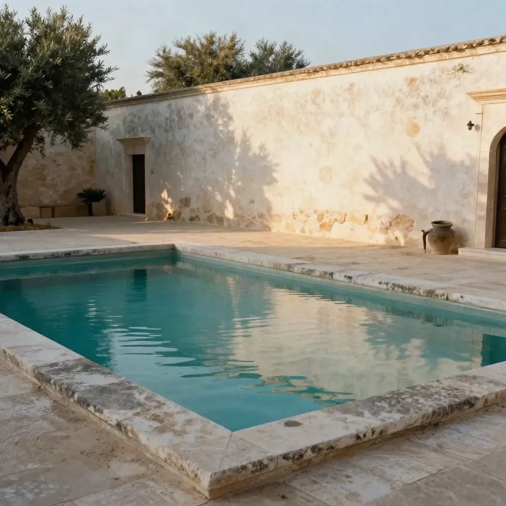 Masseria bianca in Puglia con piscina bassa, cortile di pietra e ulivi sfocati al tramonto.
