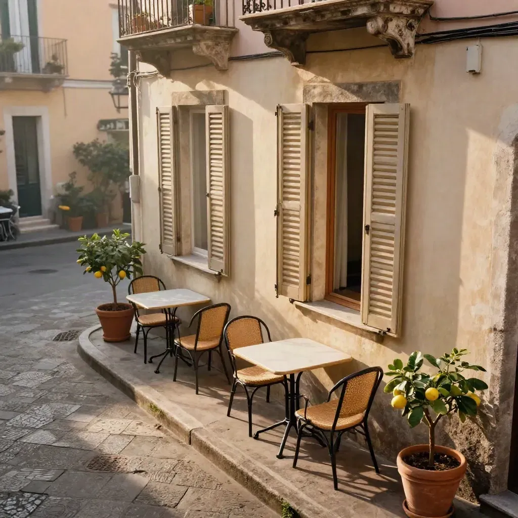 Terrazza di piccolo hotel napoletano all’alba, con limoni in vaso e vicolo tranquillo.