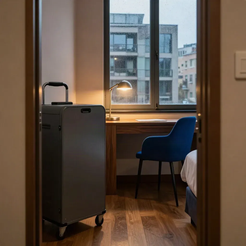 Camera business a Milano con trolley chiuso, scrivania minimal e pioggia alla finestra