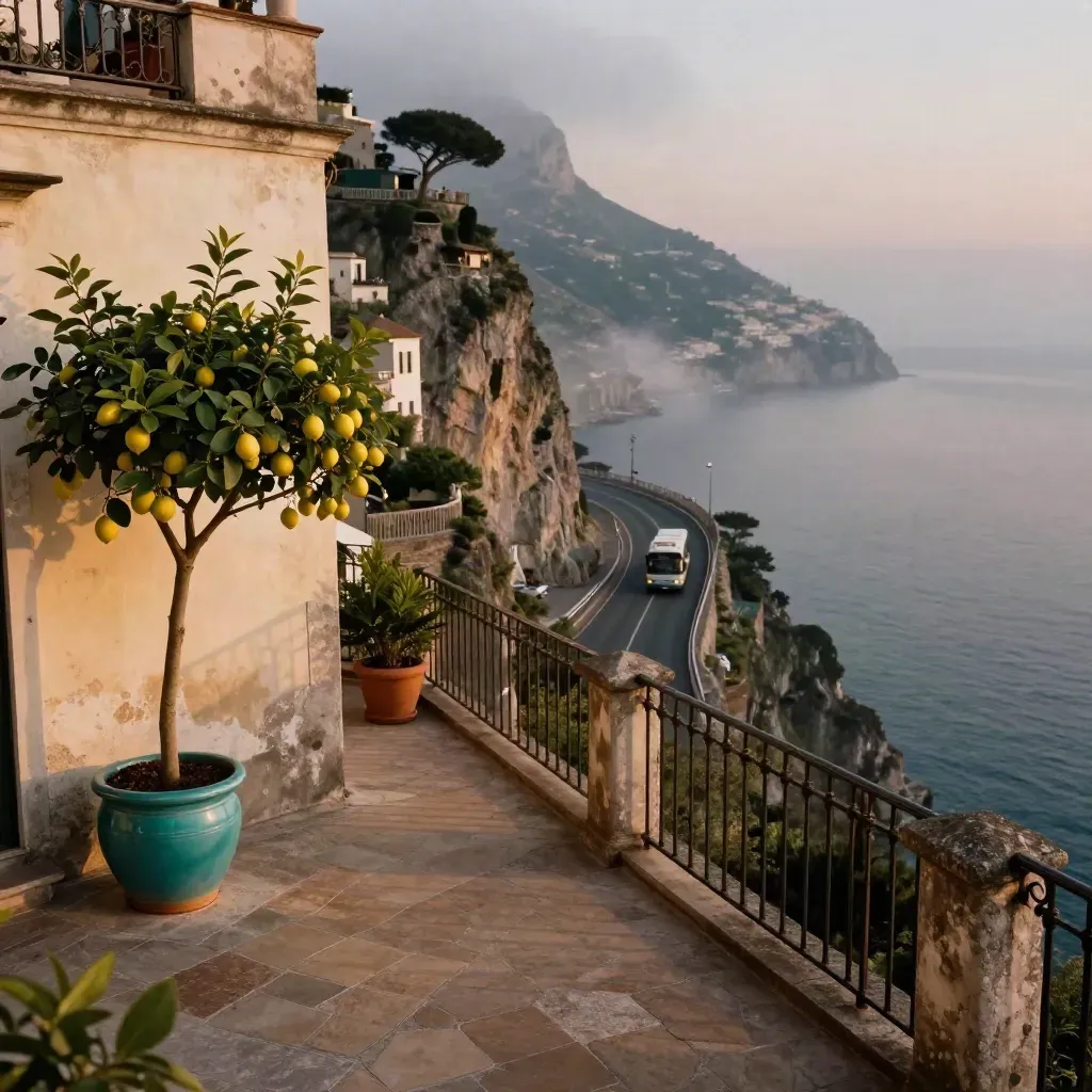 Terrazza panoramica sulla Costiera Amalfitana con limoni e bus lontano al crepuscolo