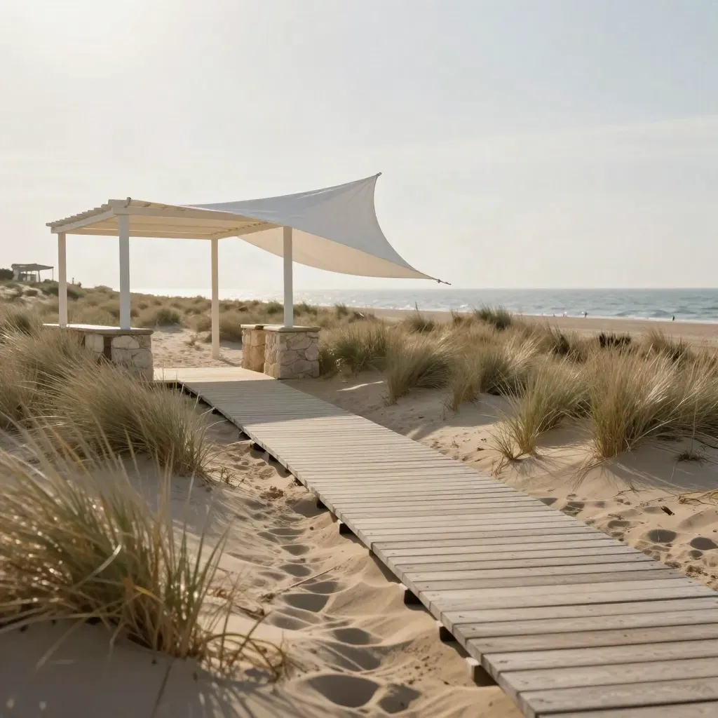 Ingresso di resort pugliese su dune chiare, passerella in legno e telo bianco mosso dal vento.