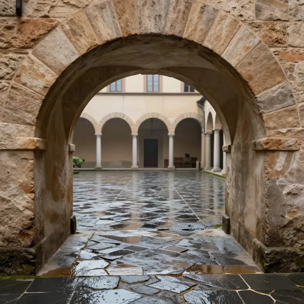 Corte rinascimentale fiorentina bagnata dalla pioggia, pietre lucide e arcate in profondità.