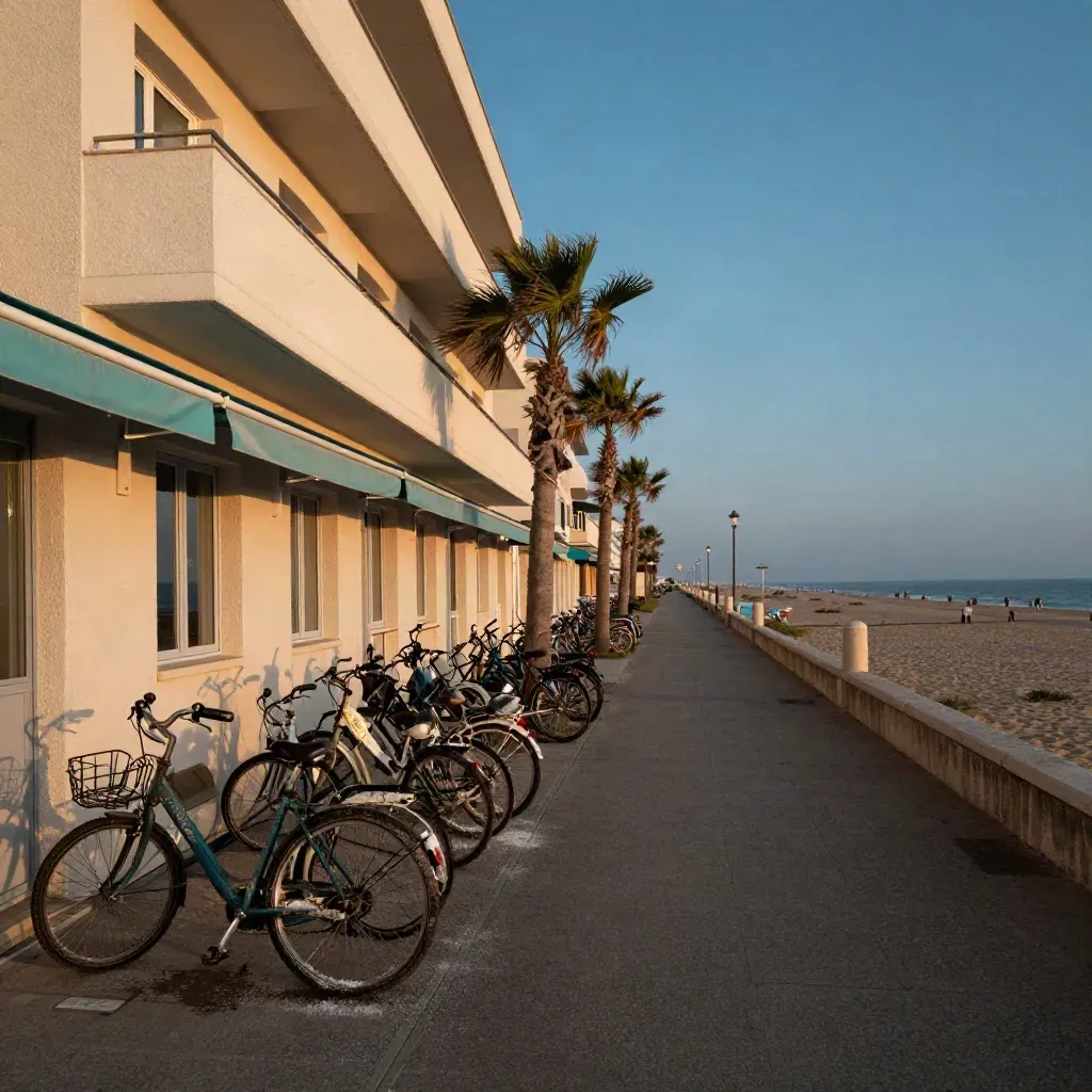 Hotel sul lungomare di Rimini con biciclette e luce serale sul mare