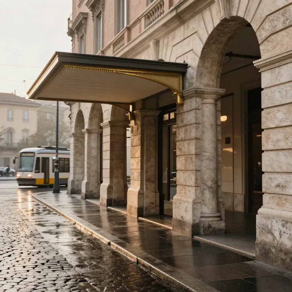 Hotel torinese sotto i portici con pavimento bagnato e tram sfocato in passaggio.