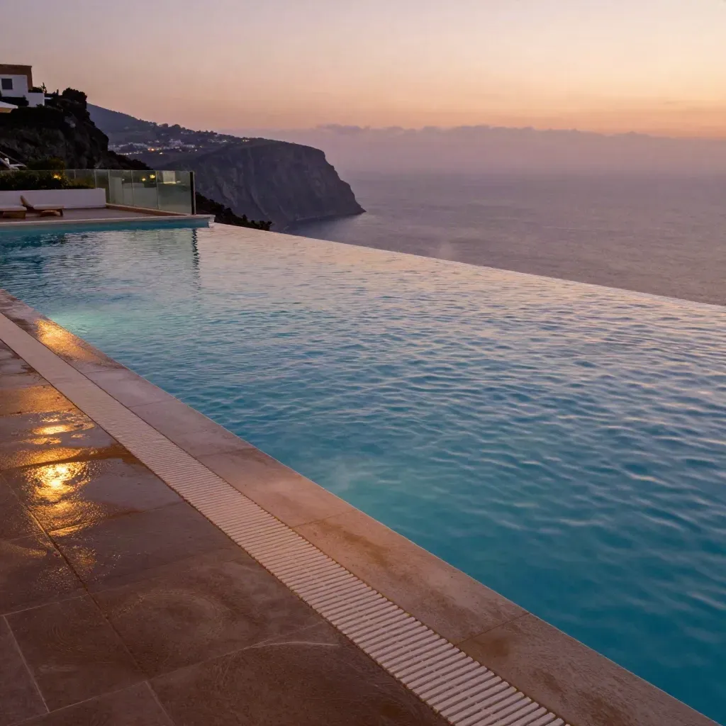 Piscina a sfioro a Ischia al tramonto con roccia vulcanica e golfo sfumato.