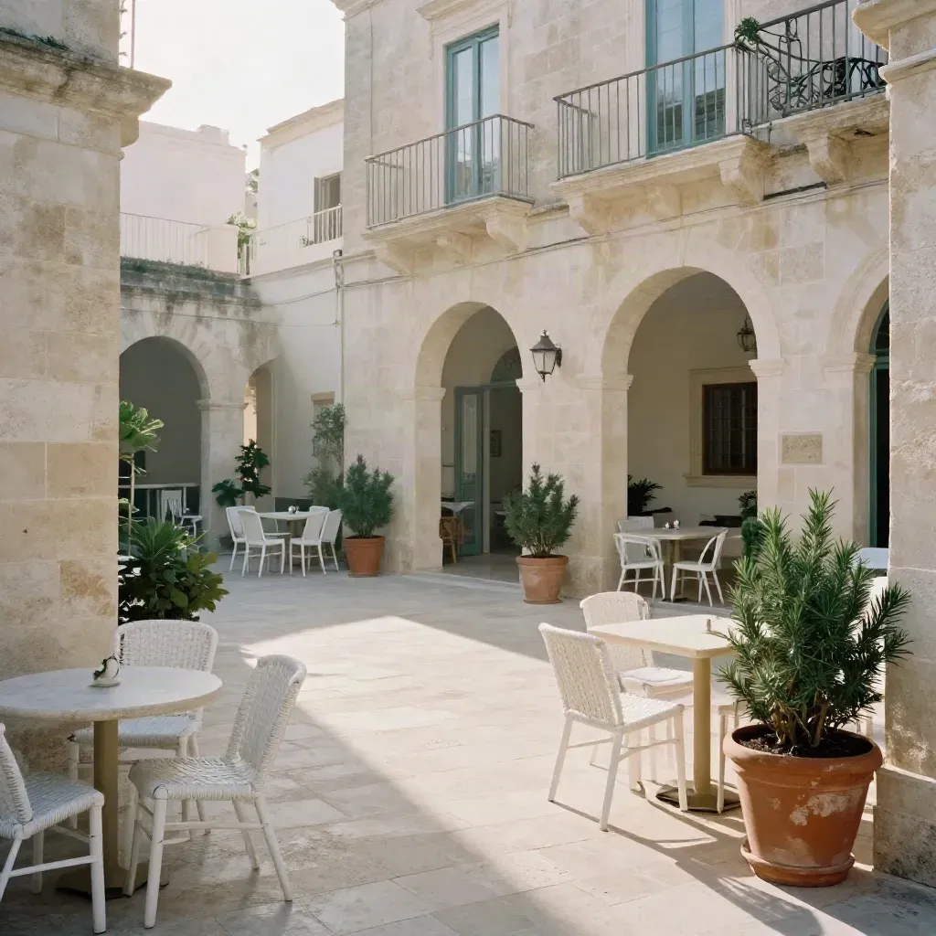 Cortile di un piccolo hotel leccese in pietra chiara, visto da un balcone interno.