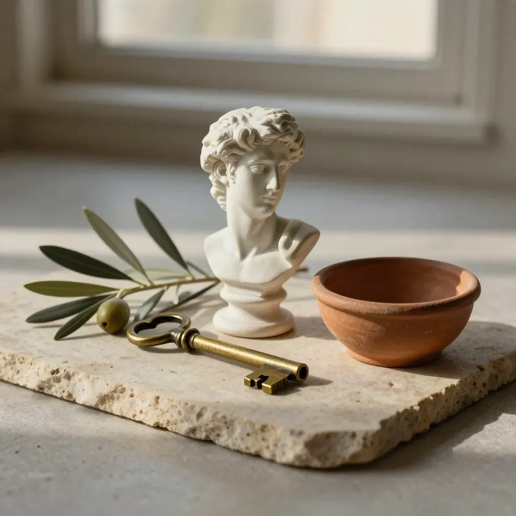 Busto classico, chiave antica, ramo d’olivo e ciotola in terracotta su pietra chiara.