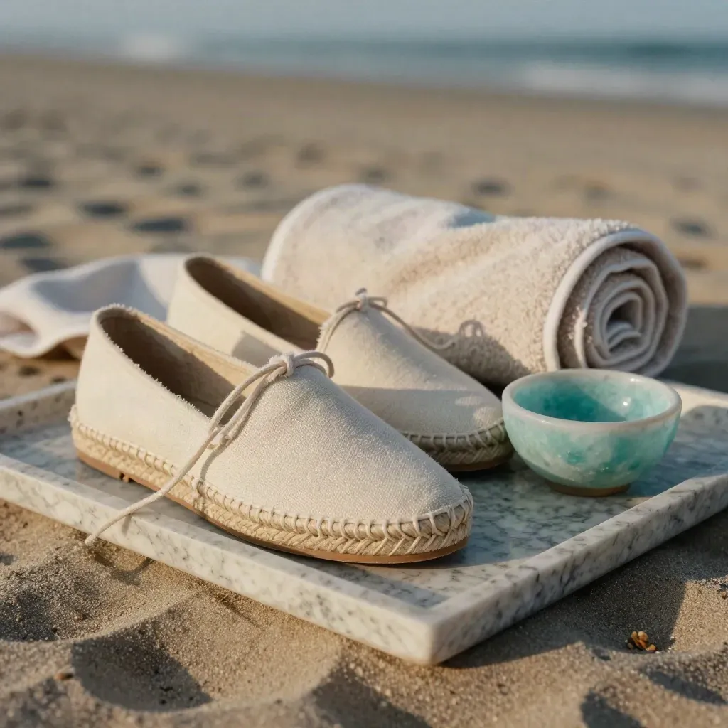 Espadrillas, conchiglia e telo su vassoio travertino, luce soffice e atmosfera marina.