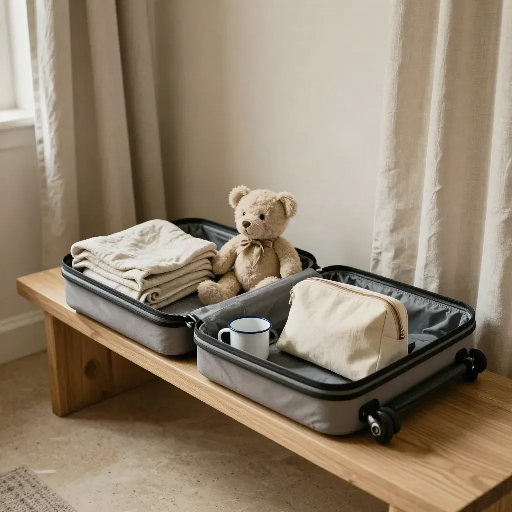 Mini trolley aperto con peluche di lino, coperta piegata e tazza smaltata su panca chiara.